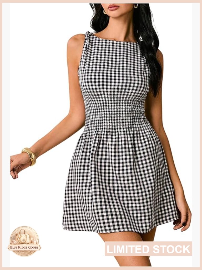 Tie Shoulder A Line Mini Dress Boat Neck Checkered Casual